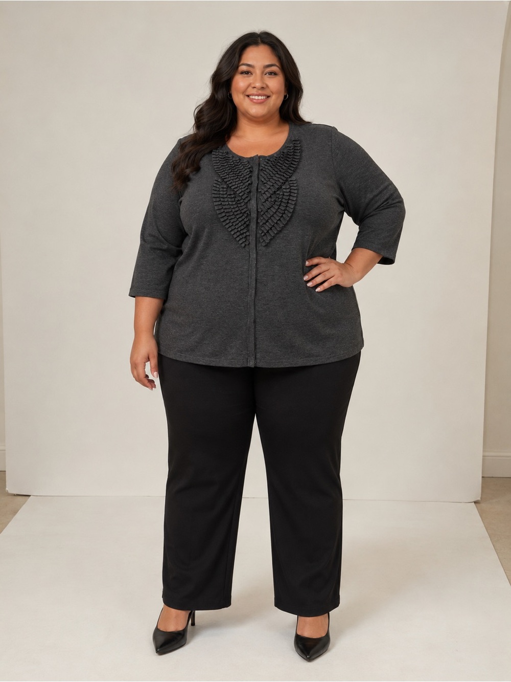 Foxcroft Charcoal Gray Ruffle Front  Knit Cardigan Top X Large